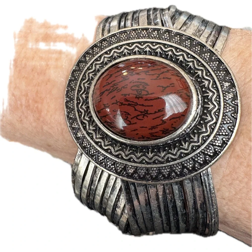Western Red Jasper Style Stone Silver Tone‎ Multi Strand Cuff Bracelet Boho